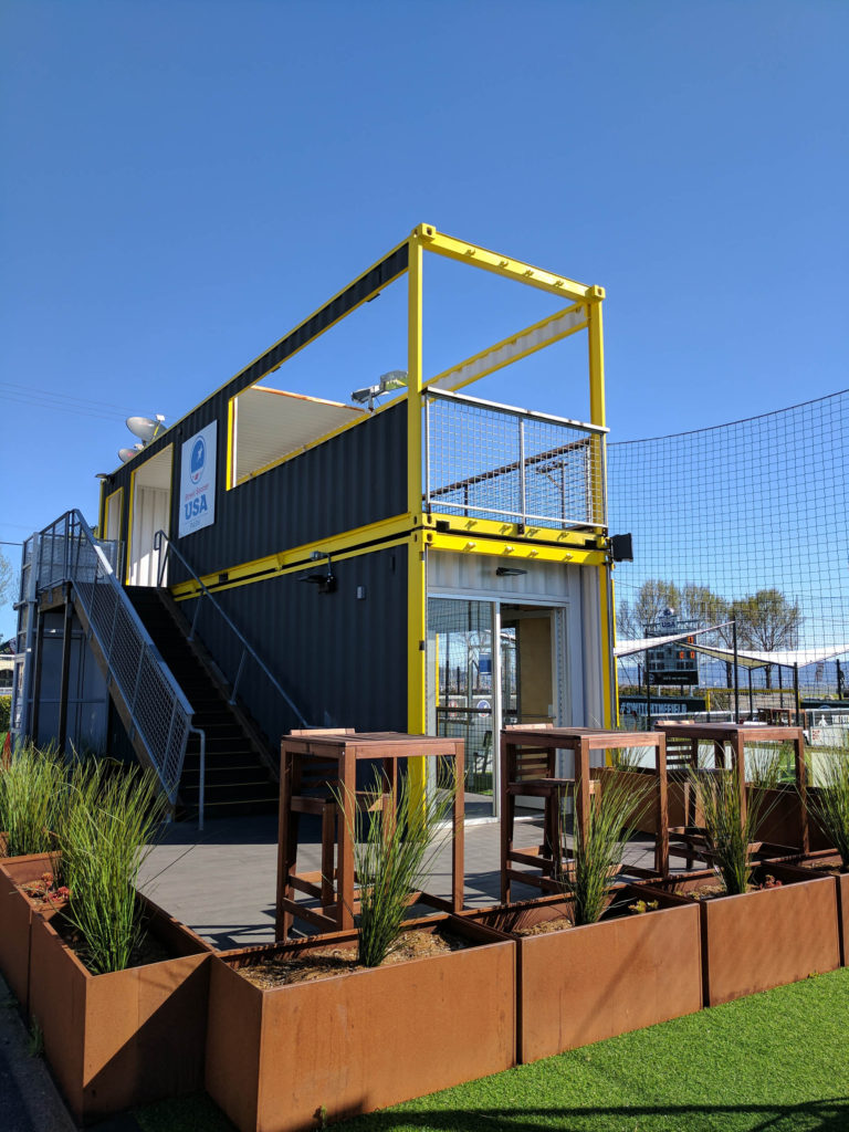 prefabricated field house at urban soccer park in San Francisco