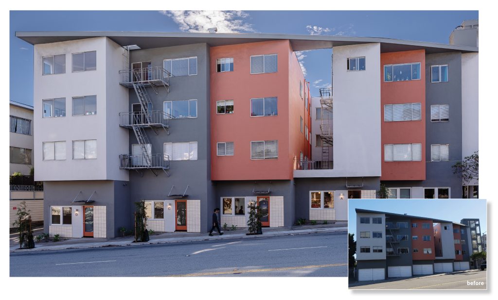 exterior of multifamily apartment building with new ADU entries