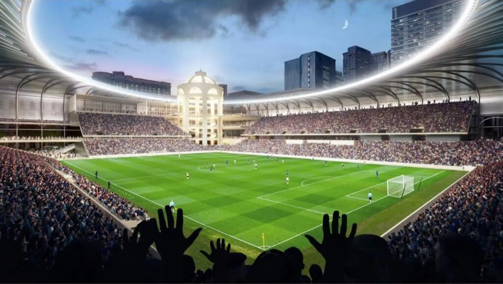 A rendering of a suggested MLS stadium in downtown San Francisco replacing the DownTown Mall