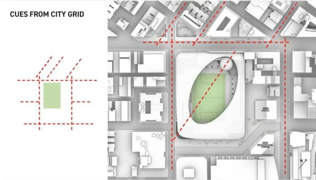 Plans showing the location of a suggested MLS stadium in downtown city mall in San Francisco