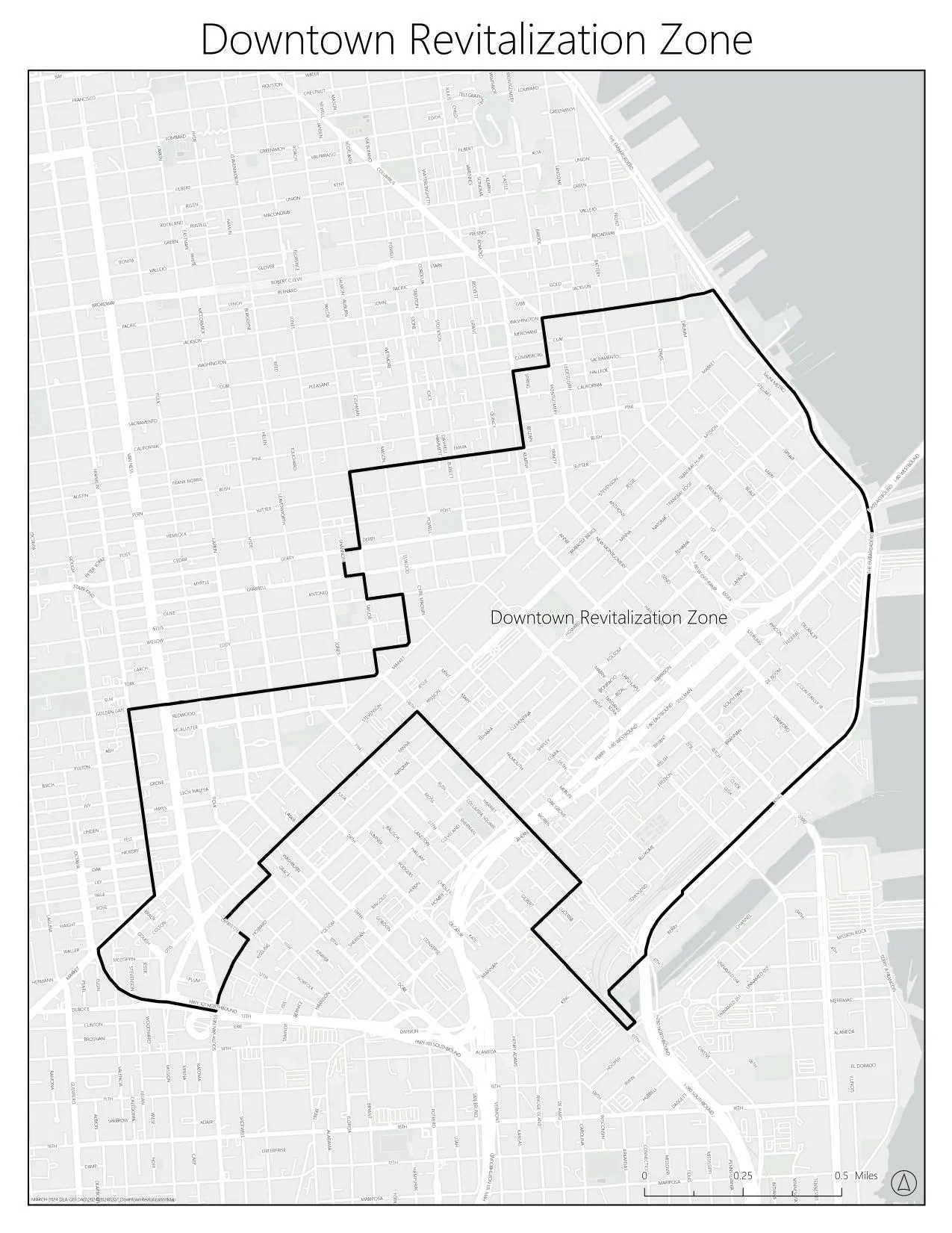 Map of San Francisco's Downtown Revitalization Zone showing the eligible district boundaries for the office-to-residential conversion financing program